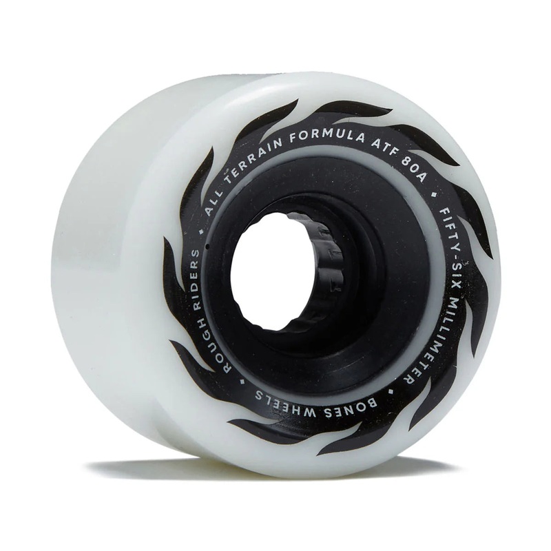 Bones Rough Riders Eternal Flame Skate Wheels in 80a All Terrain Formula White 56mm