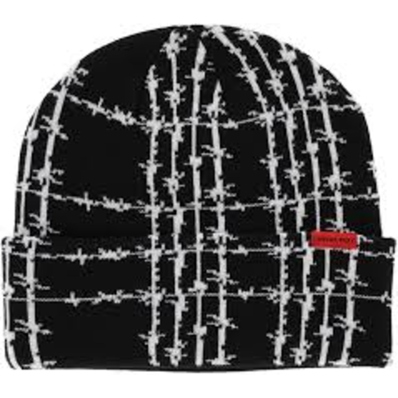 Corduroy Barbed Plaid Beanie Black and Black