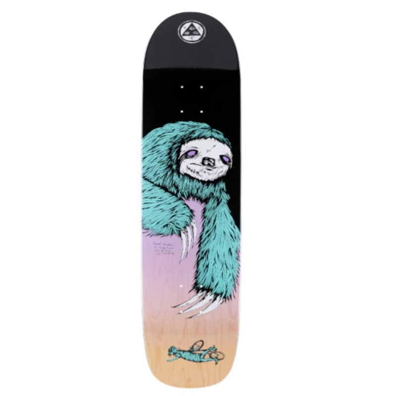 Welcome Sloth on Son Of Planchette Skateboard Deck in Black and Lavender 8.38