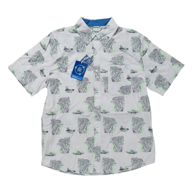 Huk Shem Creek Printed Short Sleeve Shirt - Men's L Harbor Mist