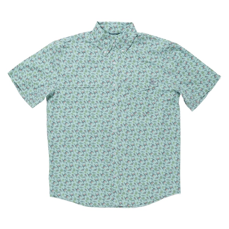 Huk Tide Point Printed Short Sleeve Button Down M Green