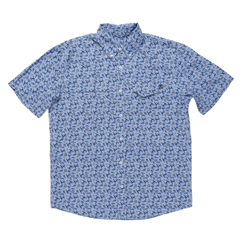 Huk Tide Point Printed Short Sleeve Button Down M Blue
