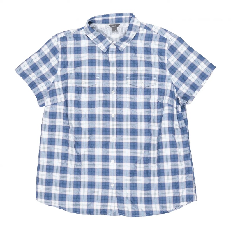 Eddie Bauer Short Sleeve Button Down - Women's XL Blue/White