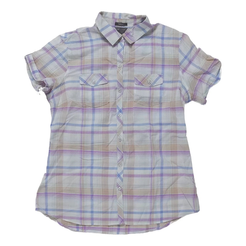 Eddie Bauer Short Sleeve Button Down Shirt - Women's M White/Purple