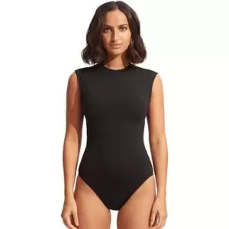 Seafolly Active Cap Sleeve Maillot One Piece Swimsuit 6 Black 2